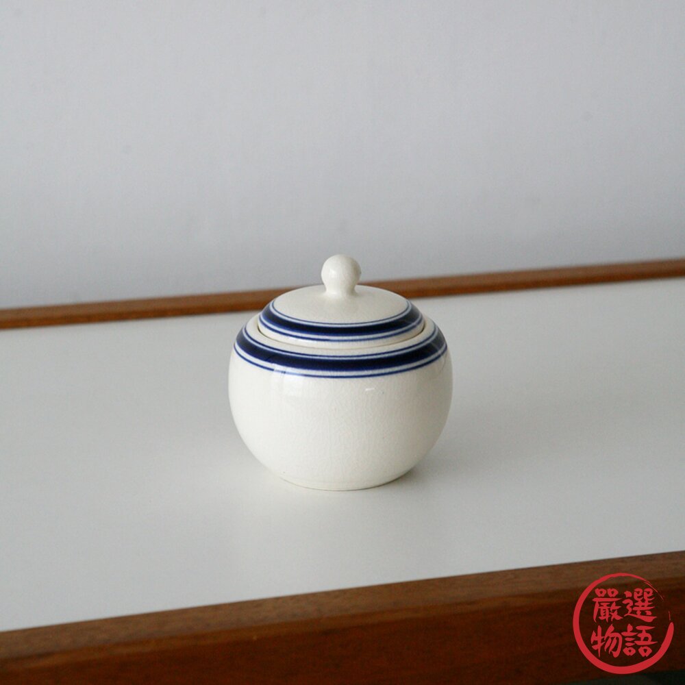 日本製 六魯 rokuro 深藍線條昭和復古 300ml 附蓋調味料罐｜陶瓷 醬油罐 糖罐 鹽罐 日本進口 封面照片