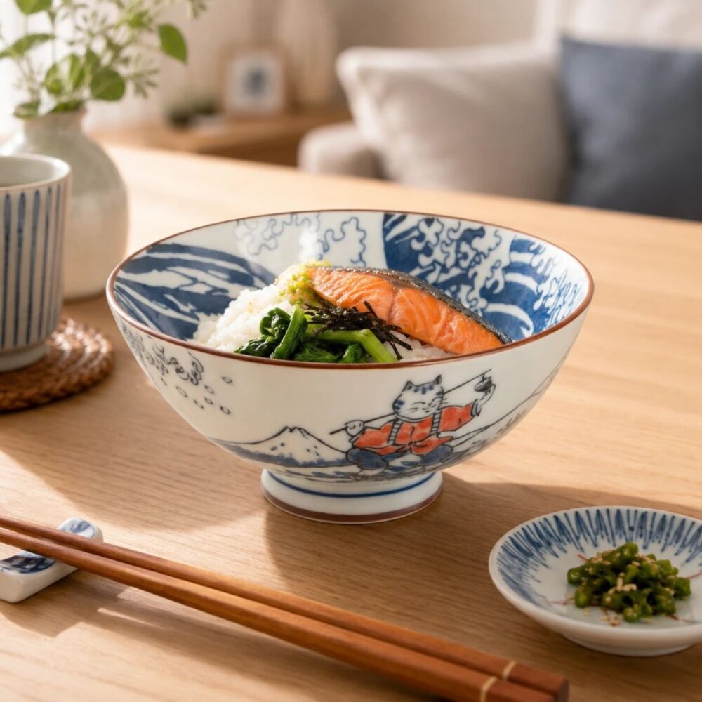 SF-022295-日本製 職人工藝 神奈川沖浪裏 波浪釣貓陶飯碗｜日系手作感飯碗 湯碗 浮世繪風陶器碗 日本進口