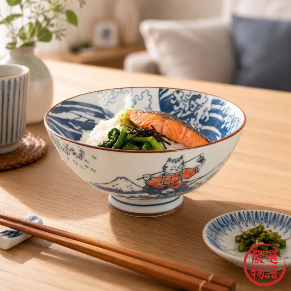 日本製 職人工藝 神奈川沖浪裏 波浪釣貓陶飯碗｜日系手作感飯碗 湯碗 浮世繪風陶器碗 日本進口 封面照片