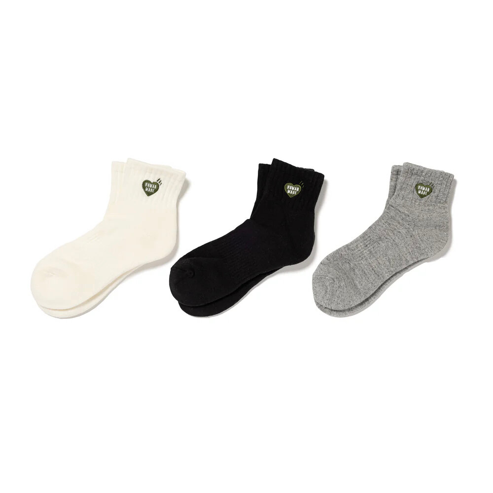 HM28GD065-Human MadePileShortSocks綠愛心刺繡中筒襪白/黑/灰HM28GD065