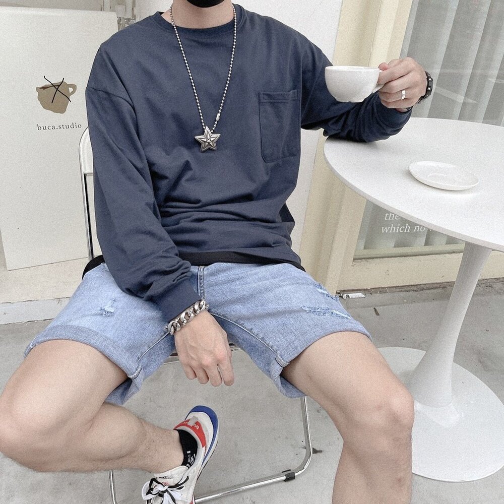 韓版 長袖 工裝風 口袋 素色 寬鬆 落肩 百搭 素面 多色素T oversize 男女可穿 情侶-圖片-10