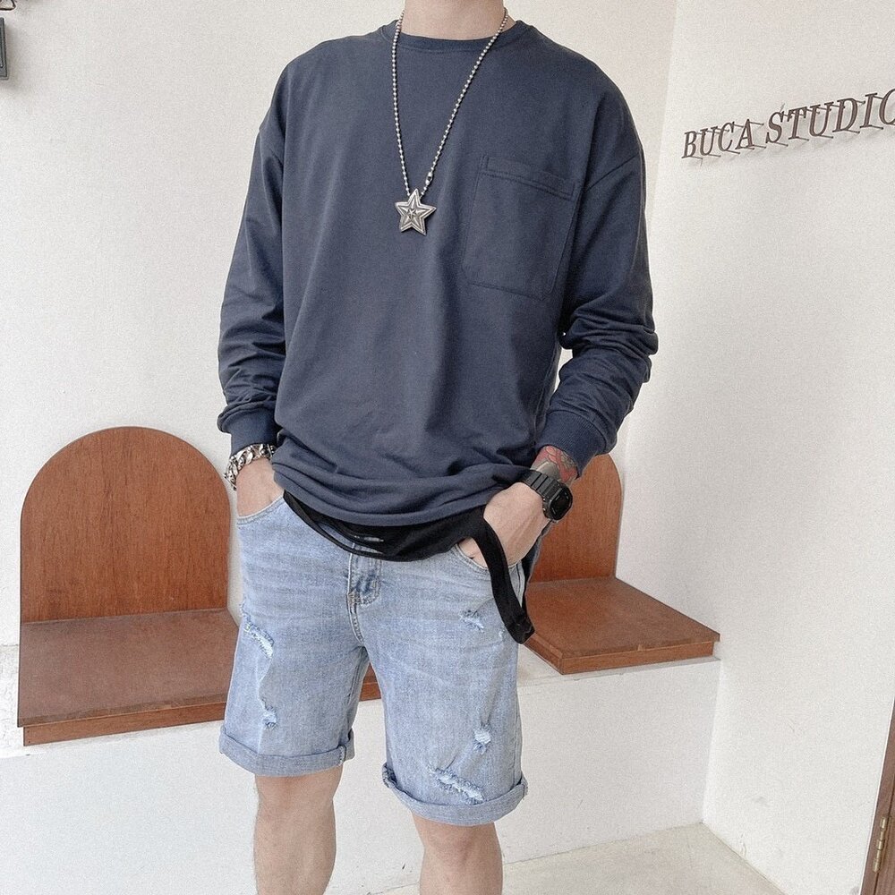 韓版 長袖 工裝風 口袋 素色 寬鬆 落肩 百搭 素面 多色素T oversize 男女可穿 情侶-圖片-11