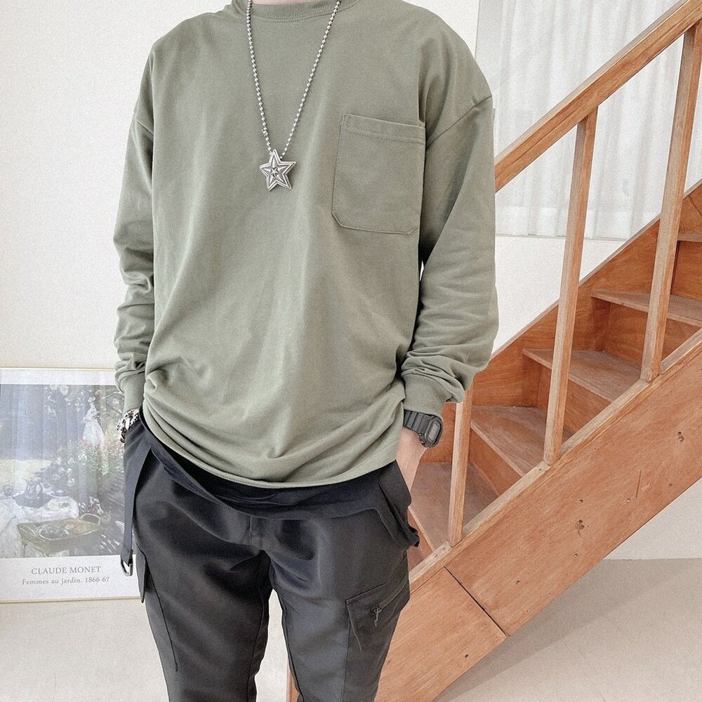 韓版 長袖 工裝風 口袋 素色 寬鬆 落肩 百搭 素面 多色素T oversize 男女可穿 情侶-圖片-3