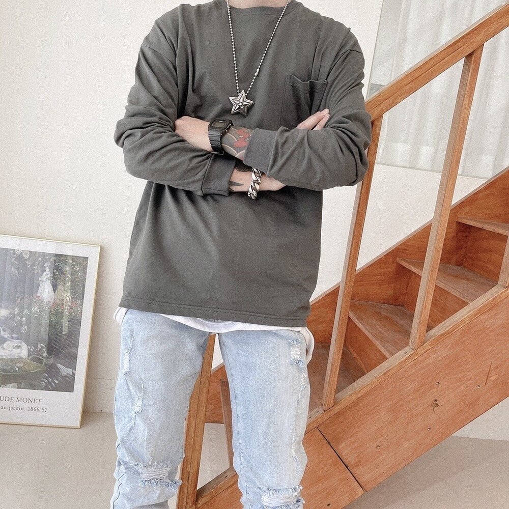 韓版 長袖 工裝風 口袋 素色 寬鬆 落肩 百搭 素面 多色素T oversize 男女可穿 情侶-圖片-4