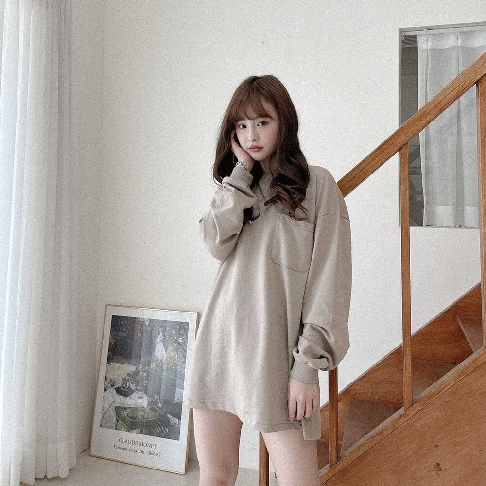 韓版 長袖 工裝風 口袋 素色 寬鬆 落肩 百搭 素面 多色素T oversize 男女可穿 情侶-圖片-5