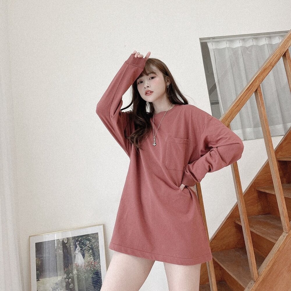 韓版 長袖 工裝風 口袋 素色 寬鬆 落肩 百搭 素面 多色素T oversize 男女可穿 情侶-圖片-6