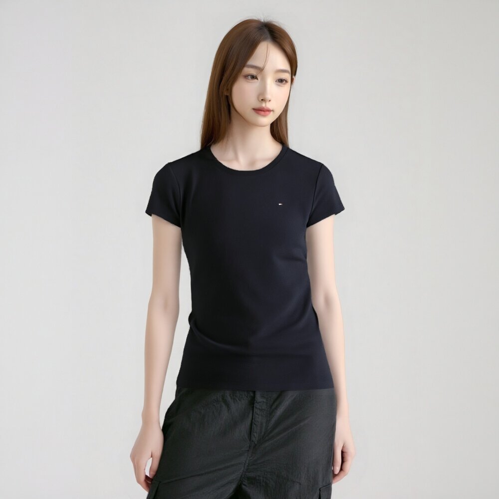Tommy 女款 圓領 刺繡 小LOGO 素T 修身款 貼身 性感 女生短t TOMMY 夏季 休閒款-圖片-1