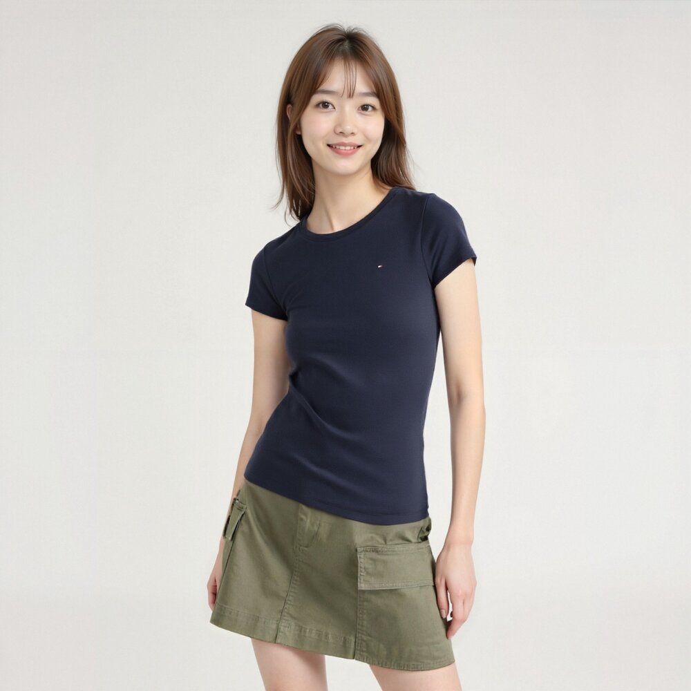 Tommy 女款 圓領 刺繡 小LOGO 素T 修身款 貼身 性感 女生短t TOMMY 夏季 休閒款-圖片-2
