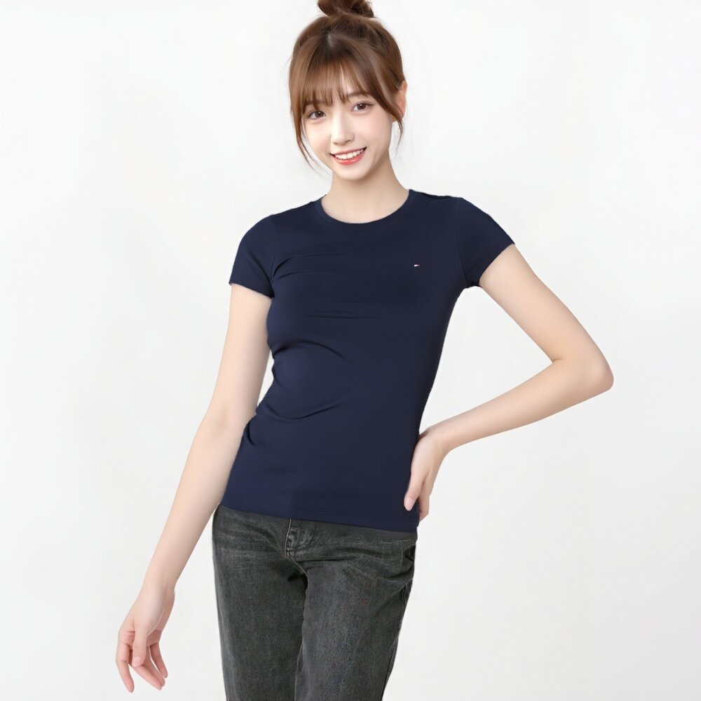 Tommy 女款 圓領 刺繡 小LOGO 素T 修身款 貼身 性感 女生短t TOMMY 夏季 休閒款-圖片-3