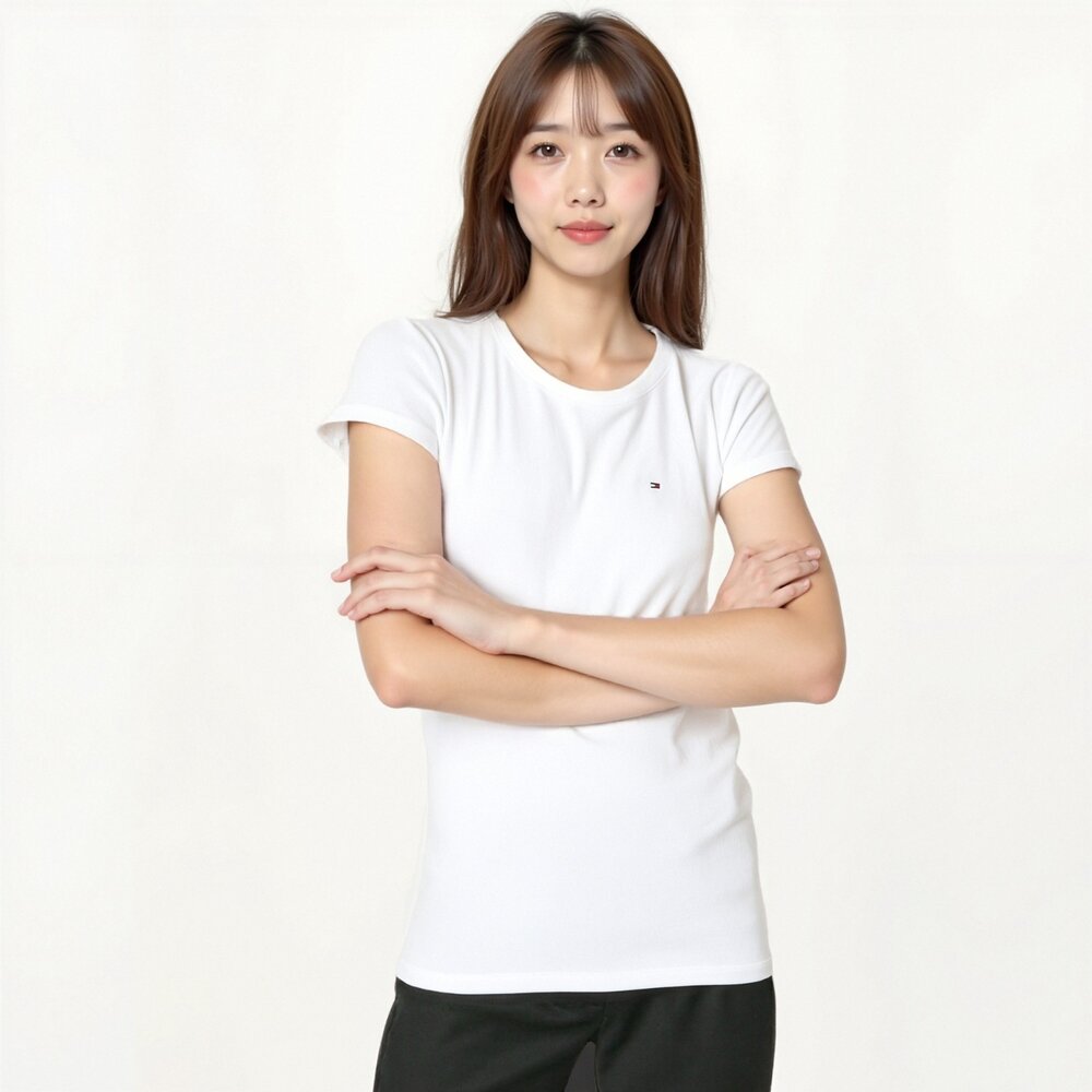 Tommy 女款 圓領 刺繡 小LOGO 素T 修身款 貼身 性感 女生短t TOMMY 夏季 休閒款-圖片-4
