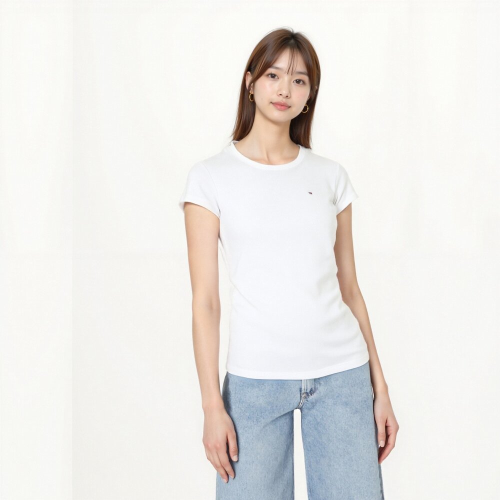 Tommy 女款 圓領 刺繡 小LOGO 素T 修身款 貼身 性感 女生短t TOMMY 夏季 休閒款-圖片-5