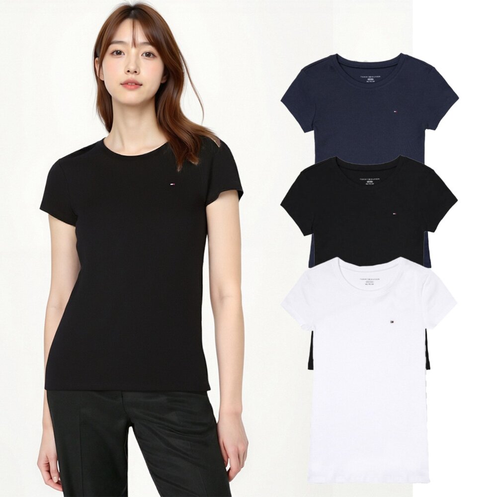 1392863979-Tommy 女款 圓領 刺繡 小LOGO 素T  修身款 貼身 性感 女生短t TOMMY 夏季 休閒款