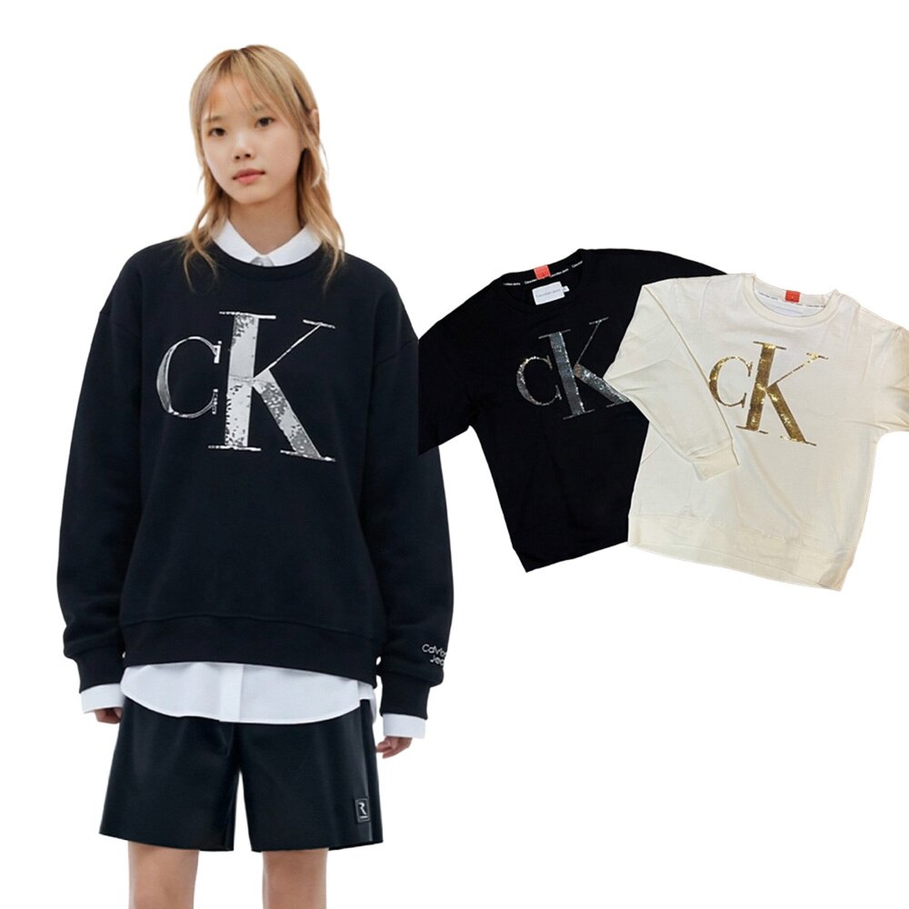 15324478440-Calvin Klein CK LOGO 刷毛 女生大學T 圓領長袖上衣 內刷毛