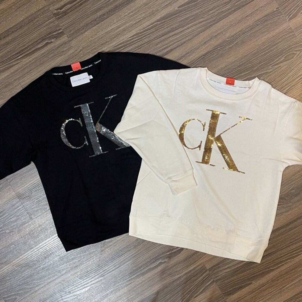 15324478440-Calvin Klein CK LOGO 刷毛 女生大學T 圓領長袖上衣 內刷毛