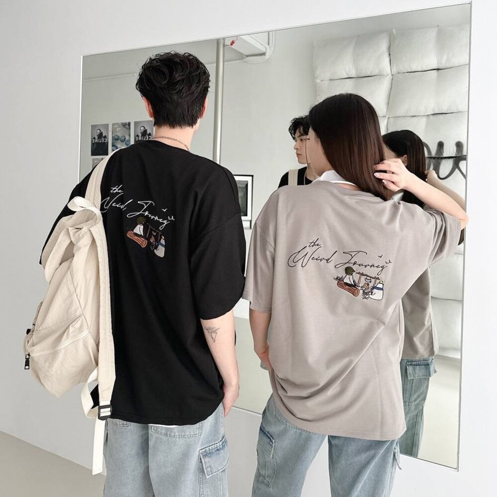 韓版 重磅短袖 刺繡野營 短T 上衣 厚磅 落肩 寬鬆 大尺碼 刺繡 OVERSIZE 情侶短袖 18790-圖片-2
