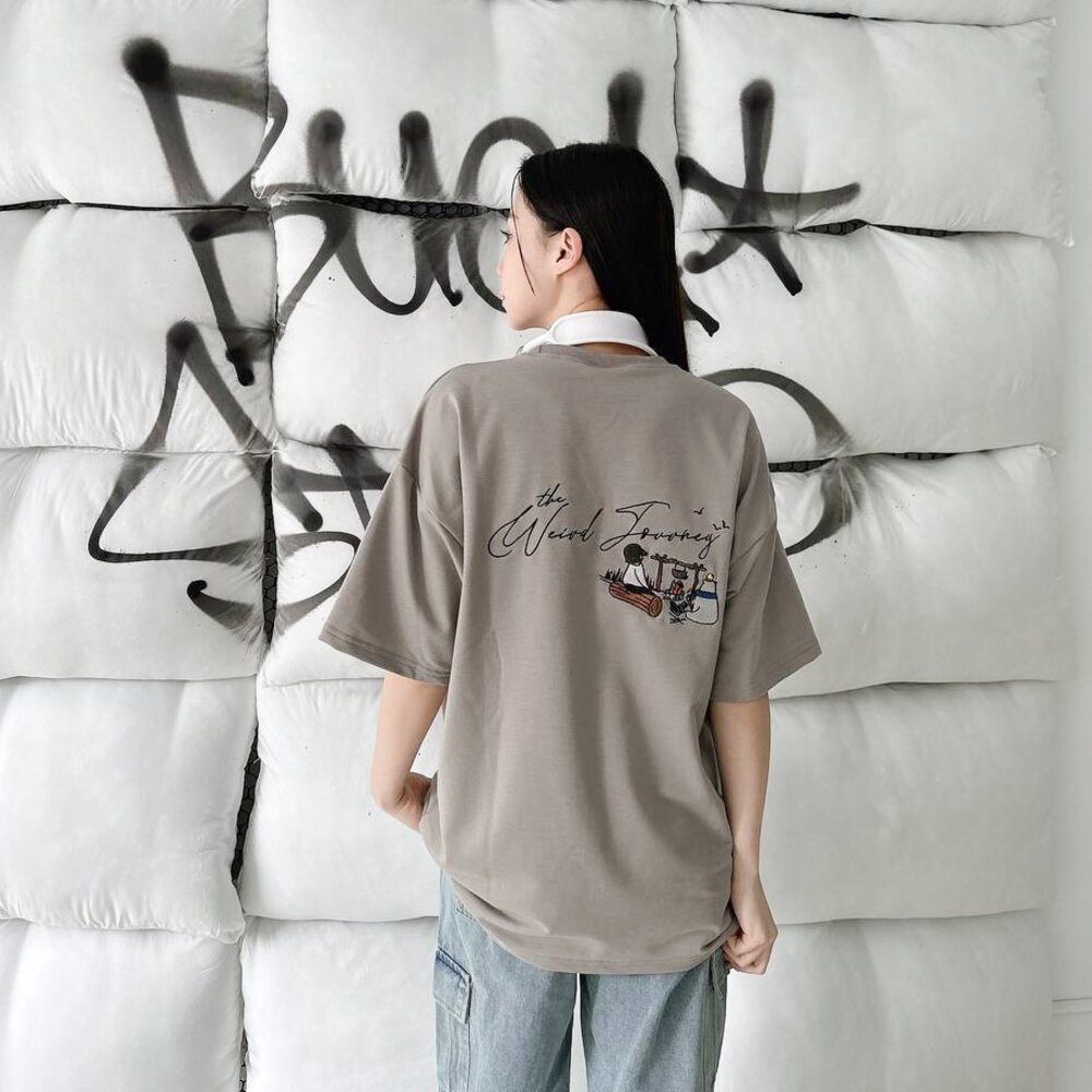 韓版 重磅短袖 刺繡野營 短T 上衣 厚磅 落肩 寬鬆 大尺碼 刺繡 OVERSIZE 情侶短袖 18790-圖片-5