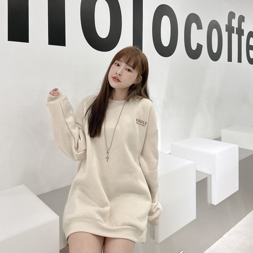 韓版 厚磅 內刷毛 大學T VAULT 文字款 上衣 落肩 男生長袖 男生衣著 女生衣著 情侶款 80154-圖片-5
