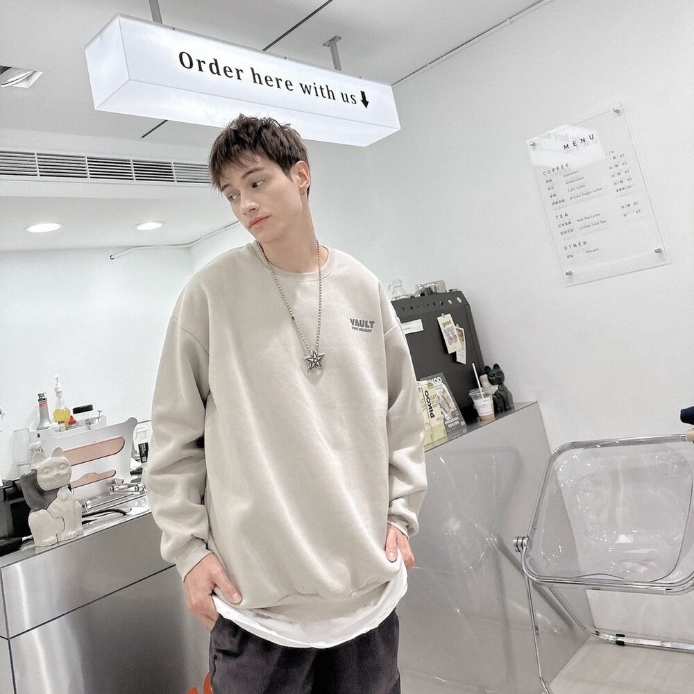 韓版 厚磅 內刷毛 大學T VAULT 文字款 上衣 落肩 男生長袖 男生衣著 女生衣著 情侶款 80154-圖片-6