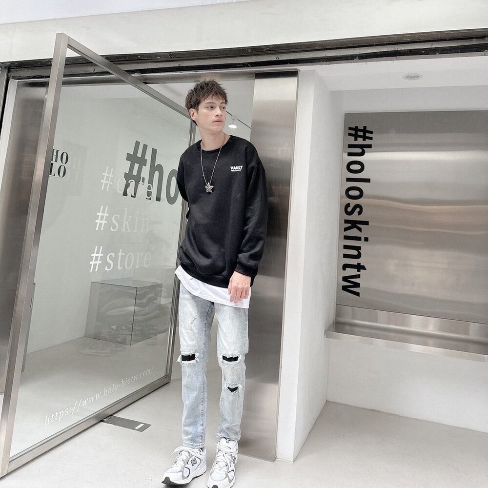 韓版 厚磅 內刷毛 大學T VAULT 文字款 上衣 落肩 男生長袖 男生衣著 女生衣著 情侶款 80154-圖片-9