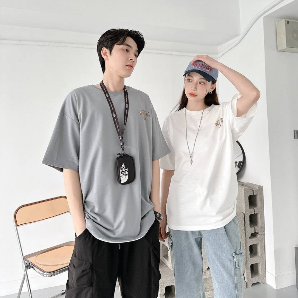 韓版 露營車插畫 短袖 短T 上衣 重磅 情侶款 韓版上衣 韓版短袖 落肩 寬鬆 短踢 80537-圖片-1