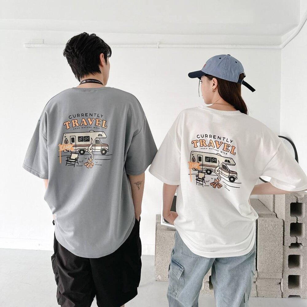 韓版 露營車插畫 短袖 短T 上衣 重磅 情侶款 韓版上衣 韓版短袖 落肩 寬鬆 短踢 80537-圖片-2