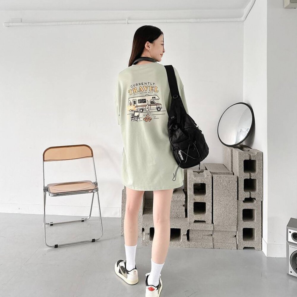 韓版 露營車插畫 短袖 短T 上衣 重磅 情侶款 韓版上衣 韓版短袖 落肩 寬鬆 短踢 80537-圖片-4