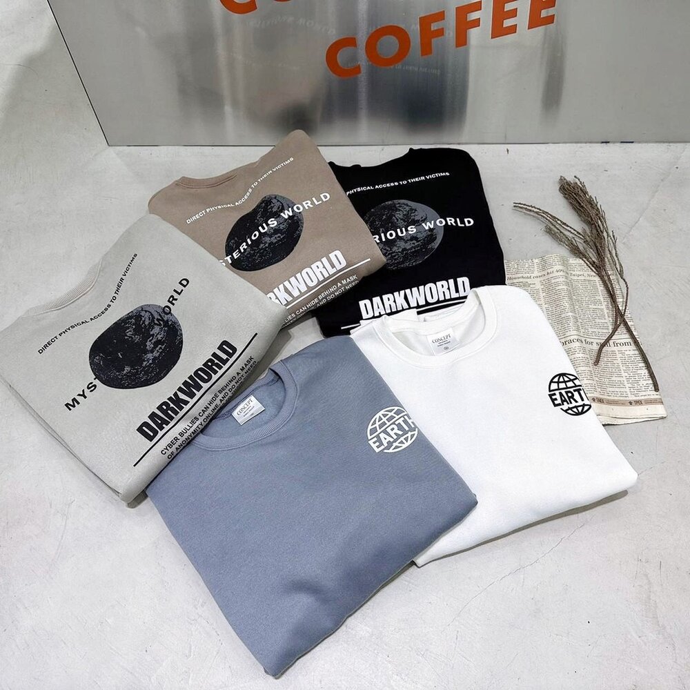 韓版 EARTH 地球 大學T 內刷毛 字母 印花 寬鬆 落肩 長袖 oversize 男女可穿 情侶款 80153-圖片-1