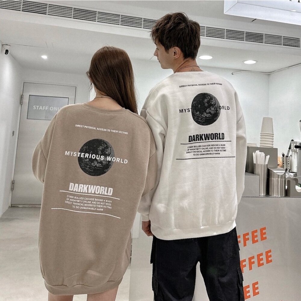 韓版 EARTH 地球 大學T 內刷毛 字母 印花 寬鬆 落肩 長袖 oversize 男女可穿 情侶款 80153-圖片-10