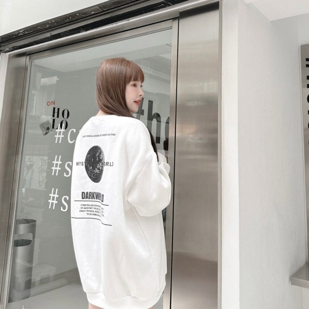 韓版 EARTH 地球 大學T 內刷毛 字母 印花 寬鬆 落肩 長袖 oversize 男女可穿 情侶款 80153-圖片-11