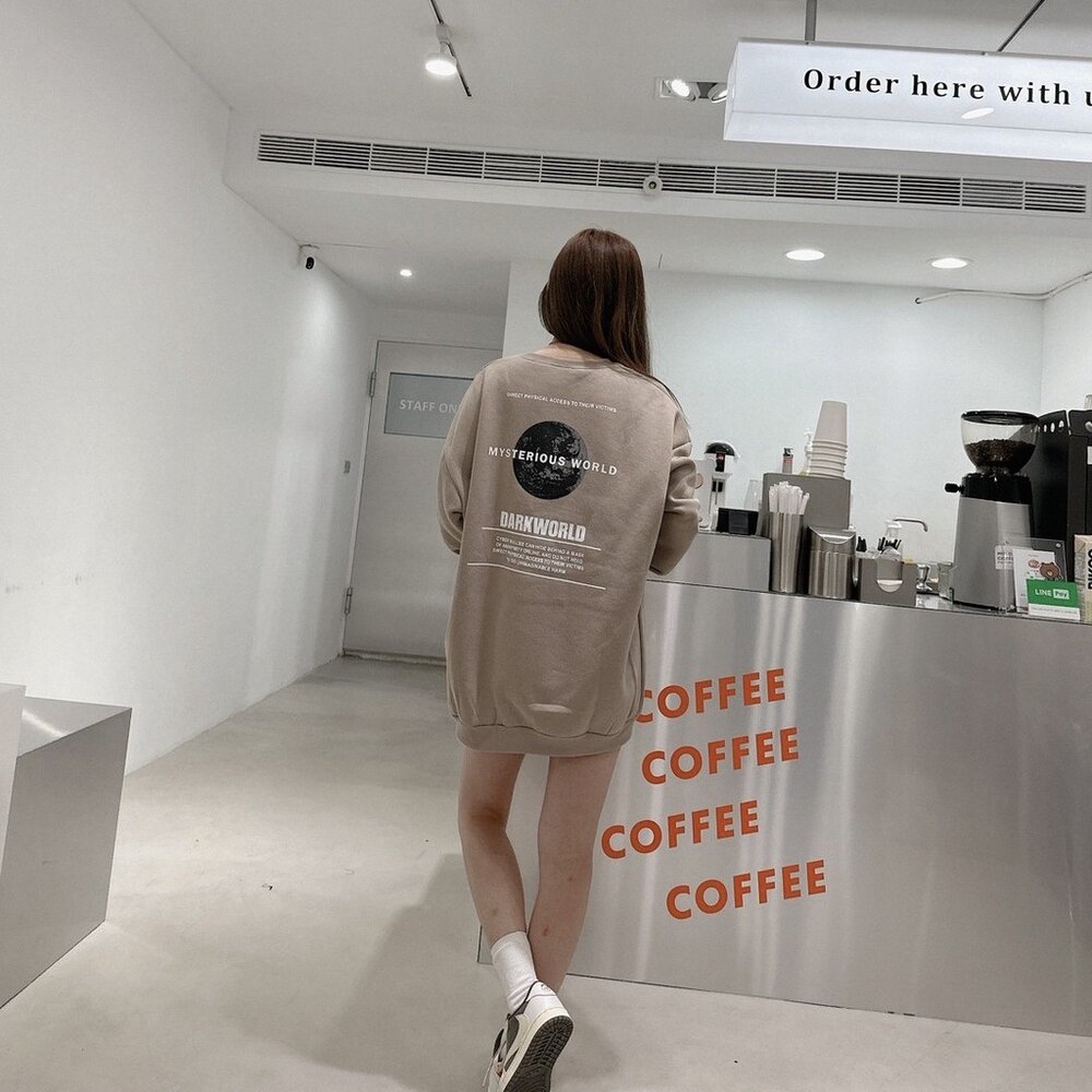 韓版 EARTH 地球 大學T 內刷毛 字母 印花 寬鬆 落肩 長袖 oversize 男女可穿 情侶款 80153-圖片-6