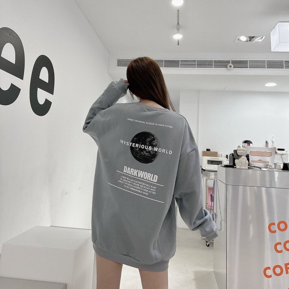 韓版 EARTH 地球 大學T 內刷毛 字母 印花 寬鬆 落肩 長袖 oversize 男女可穿 情侶款 80153-圖片-7