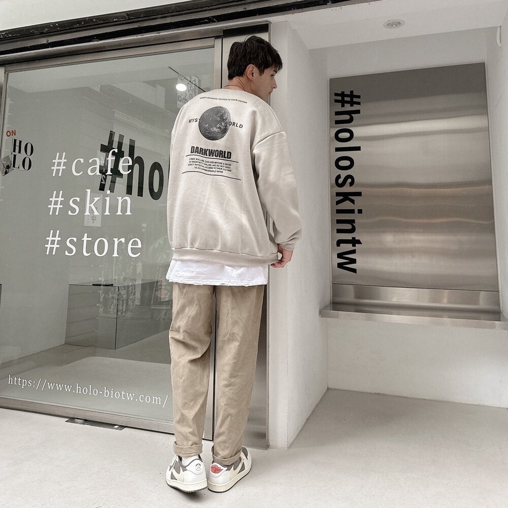 韓版 EARTH 地球 大學T 內刷毛 字母 印花 寬鬆 落肩 長袖 oversize 男女可穿 情侶款 80153-圖片-8