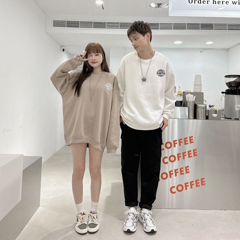 韓版 EARTH 地球 大學T 內刷毛 字母 印花 寬鬆 落肩 長袖 oversize 男女可穿 情侶款 80153-圖片-9