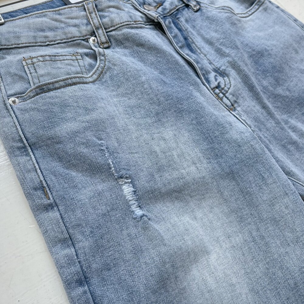 韓版 牛仔褲 多刀割淺藍牛仔褲 破壞加工 刀割破壞 淺藍刷色 刷舊 彈性 窄版 合身 煙管褲 男女可穿 50033-圖片-7