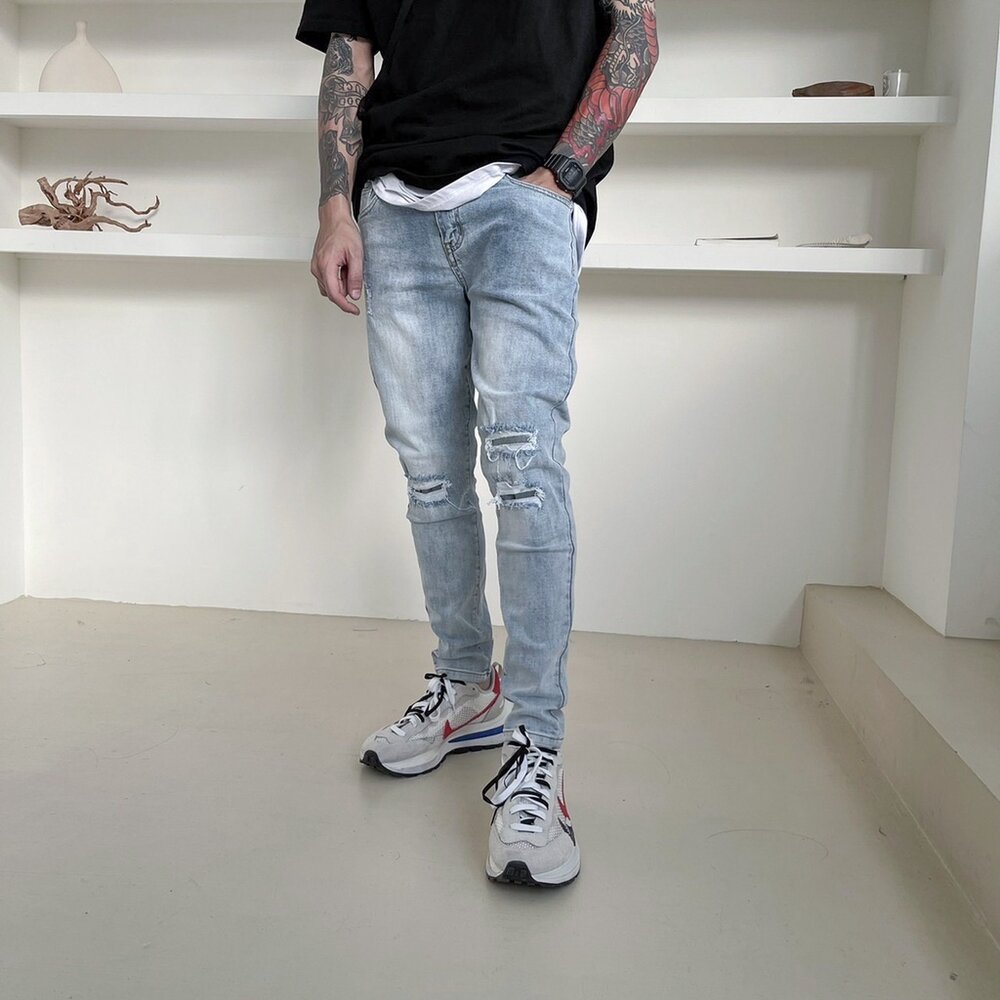 韓版 牛仔褲 多刀割淺藍牛仔褲 破壞加工 刀割破壞 淺藍刷色 刷舊 彈性 窄版 合身 煙管褲 男女可穿 50033-圖片-8