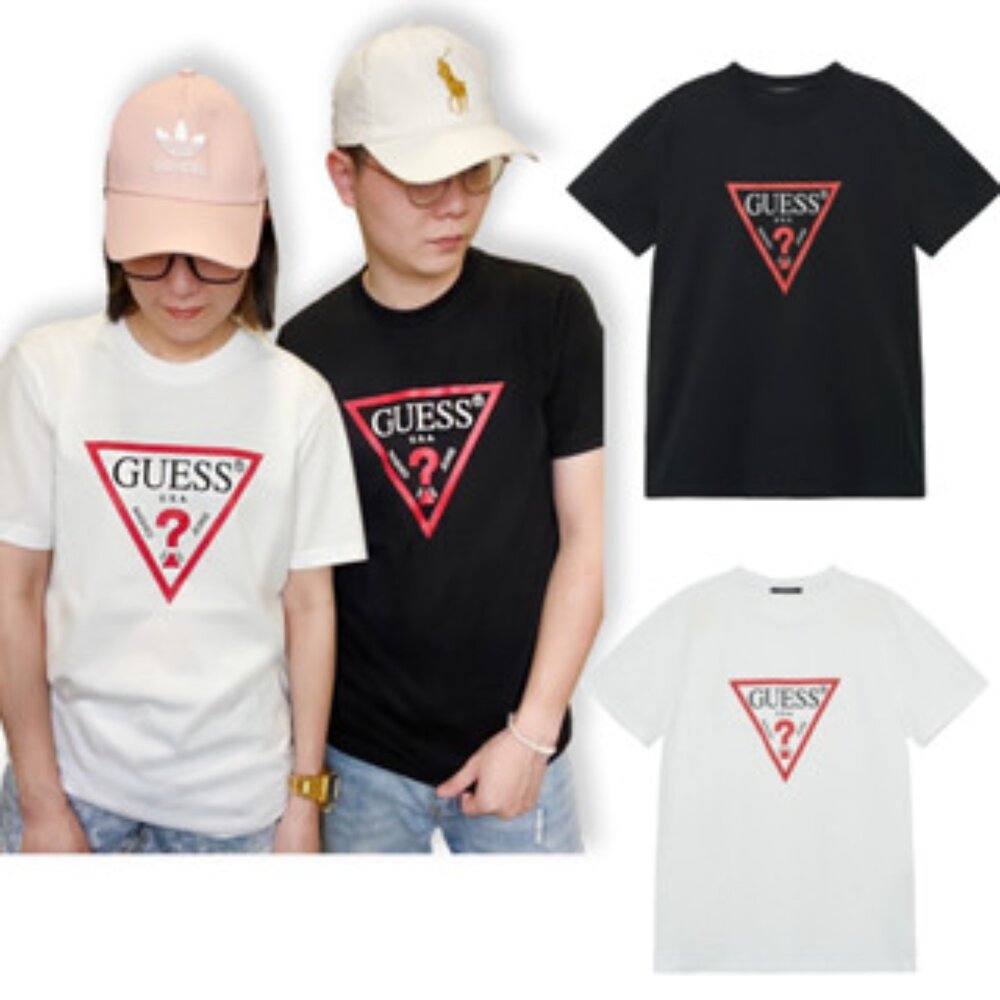 2024073121-GUESS 短袖 經典 倒三角 大LOGO 短T 黑色 白色 粉色 韓國貨 情侶款