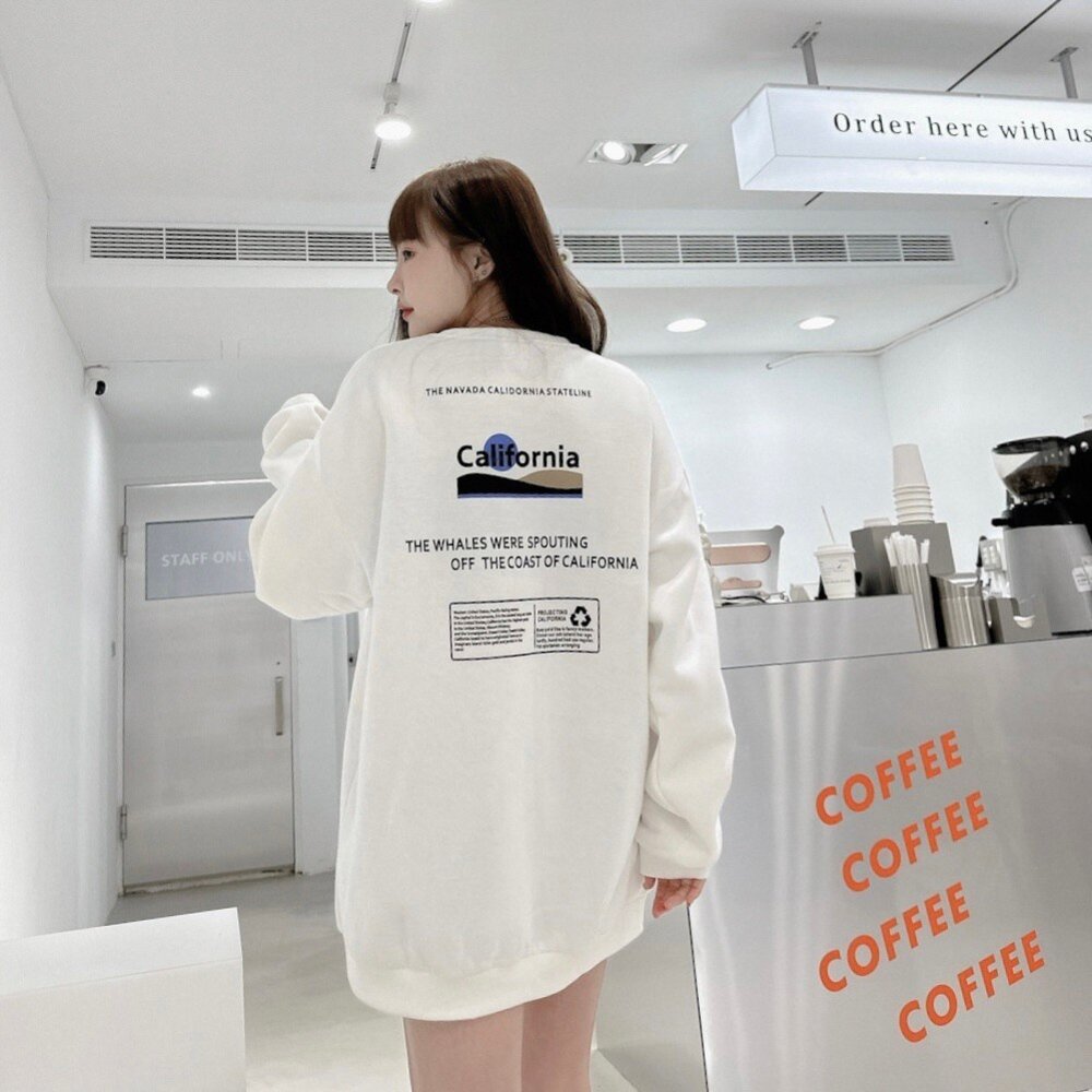 韓版 California 大學T 加州 內刷毛 長袖 情侶款 環保 寬鬆T 落肩 寬鬆 前後Logo 80152-圖片-3