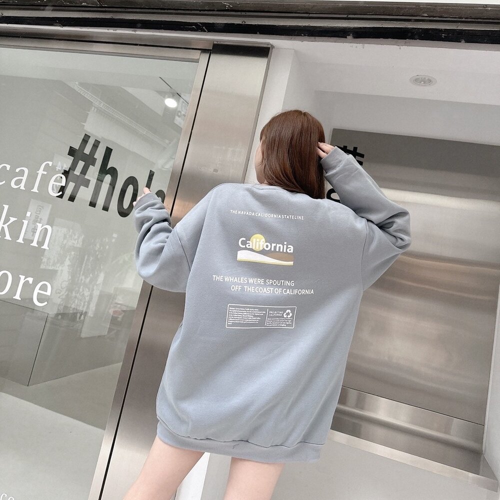 韓版 California 大學T 加州 內刷毛 長袖 情侶款 環保 寬鬆T 落肩 寬鬆 前後Logo 80152-圖片-4