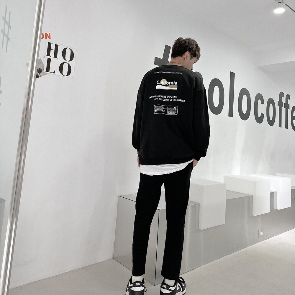 韓版 California 大學T 加州 內刷毛 長袖 情侶款 環保 寬鬆T 落肩 寬鬆 前後Logo 80152-圖片-5