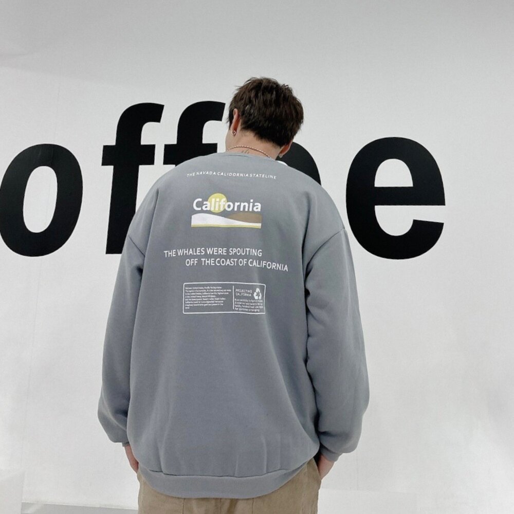 韓版 California 大學T 加州 內刷毛 長袖 情侶款 環保 寬鬆T 落肩 寬鬆 前後Logo 80152-圖片-6