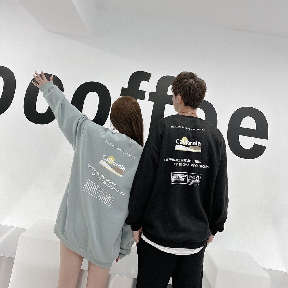 韓版 California 大學T 加州 內刷毛 長袖 情侶款 環保 寬鬆T 落肩 寬鬆 前後Logo 80152-圖片-7