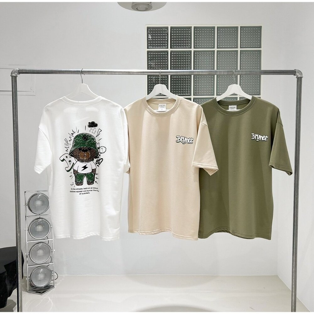 韓版 閃電熊塗鴉 短袖 上衣 情侶款 韓版上衣 韓版短袖 短T 落肩 寬鬆 短踢 80524-圖片-1