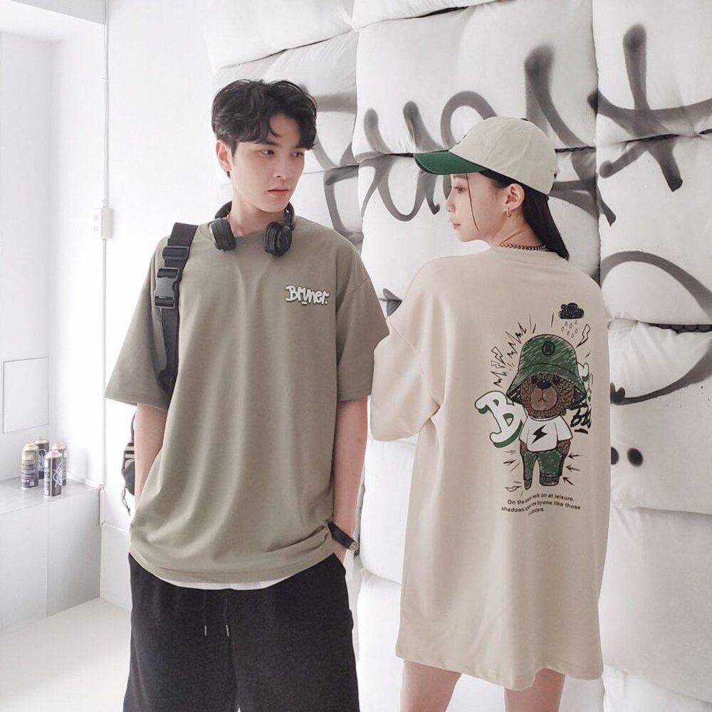 韓版 閃電熊塗鴉 短袖 上衣 情侶款 韓版上衣 韓版短袖 短T 落肩 寬鬆 短踢 80524-圖片-3