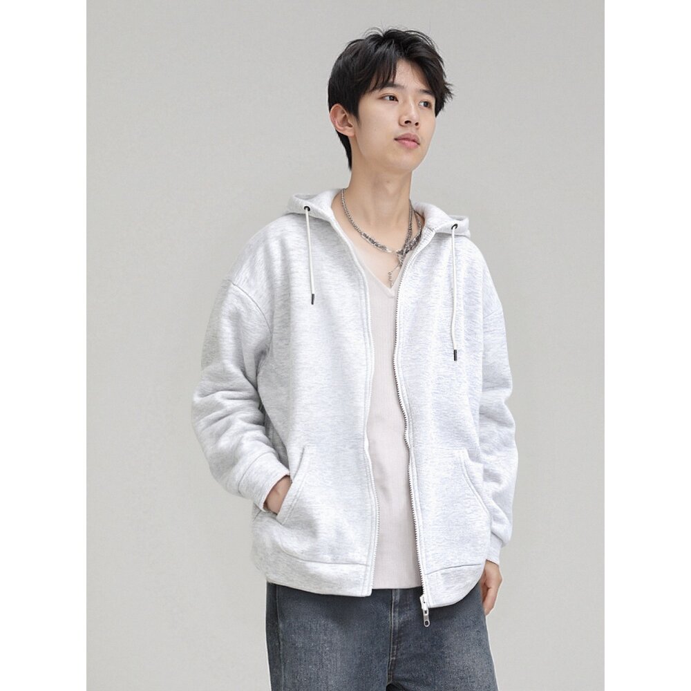 韓版 內刷毛 素面 高磅數 厚棉 連帽外套 情侶款 黑色 灰色 白灰色 80192-圖片-9