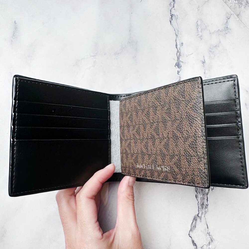 Michael kors Mk 短夾 經典 滿版 搭配鐵牌logo 防刮 男生短夾 八卡 零錢袋 正品 現貨 美國代購-圖片-2