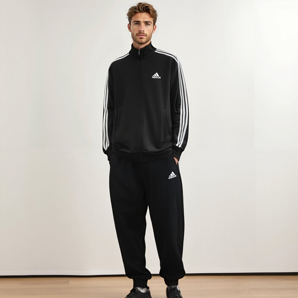 adidas 愛迪達 套裝 棉質 立領三線外套 黑色 縮口休閒長褲 毛巾布內裏 男女可穿(IC6766)-圖片-1