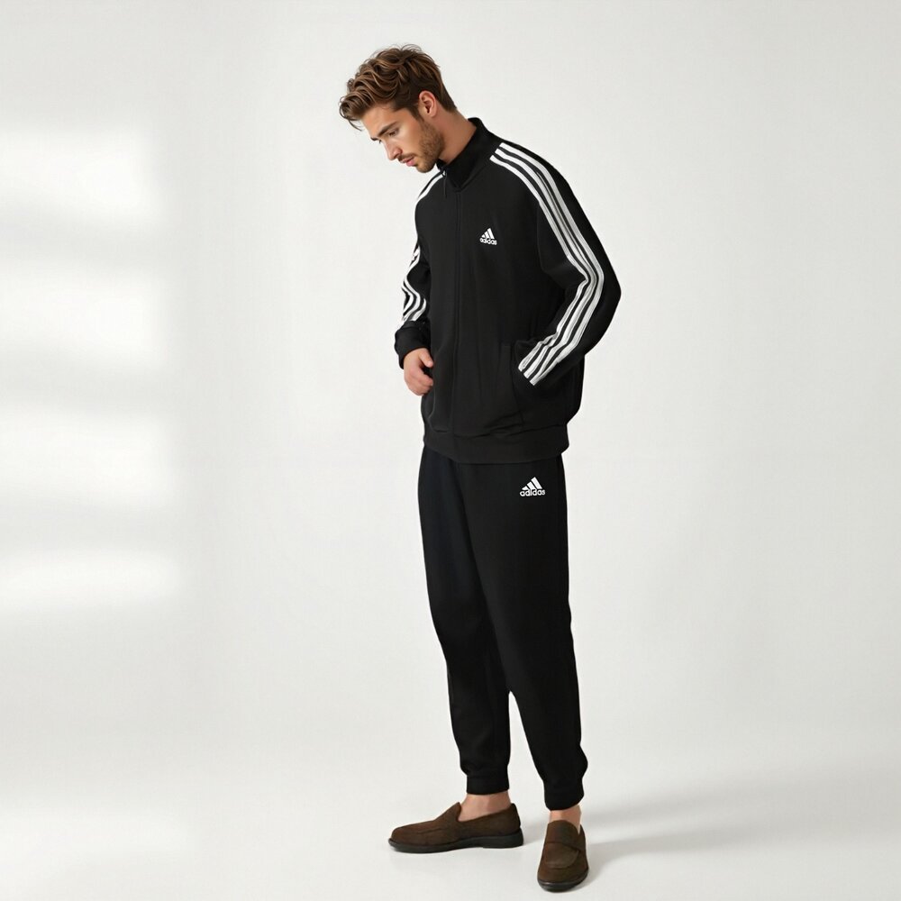 adidas 愛迪達 套裝 棉質 立領三線外套 黑色 縮口休閒長褲 毛巾布內裏 男女可穿(IC6766)-圖片-2