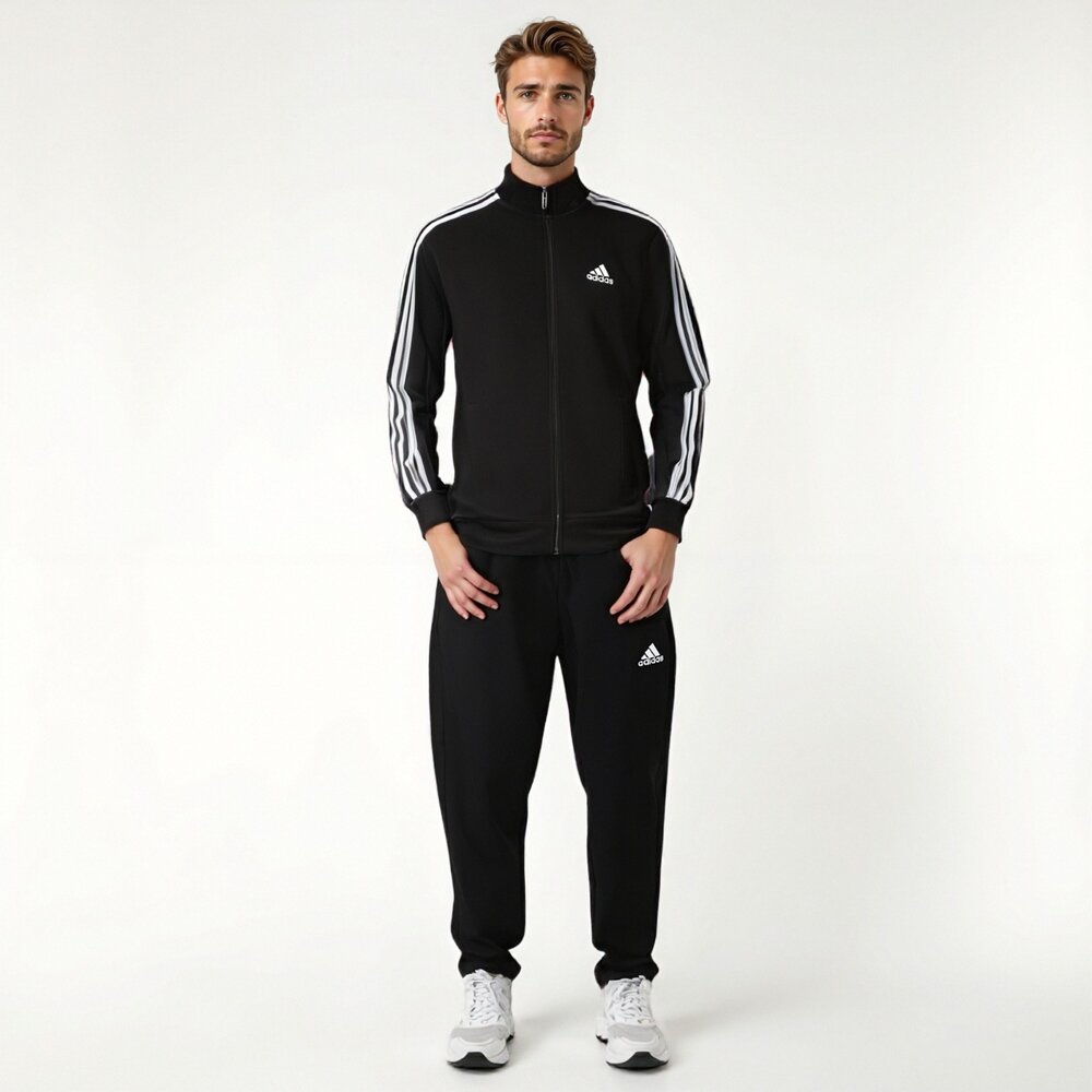 adidas 愛迪達 套裝 棉質 立領三線外套 黑色 縮口休閒長褲 毛巾布內裏 男女可穿(IC6766)-圖片-3