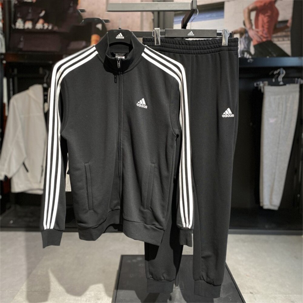 adidas 愛迪達 套裝 棉質 立領三線外套 黑色 縮口休閒長褲 毛巾布內裏 男女可穿(IC6766)-圖片-4