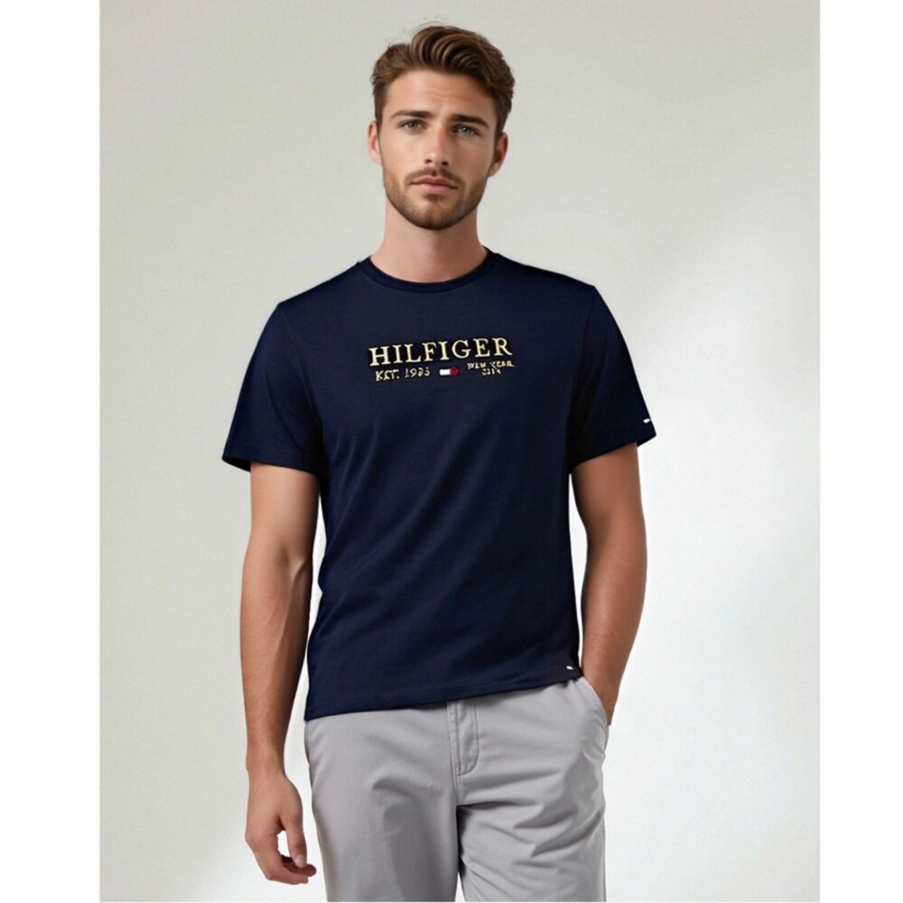 Tommy Hilfiger 深藍色1985 金字刺繡 純棉 圓領短袖 T恤-圖片-5